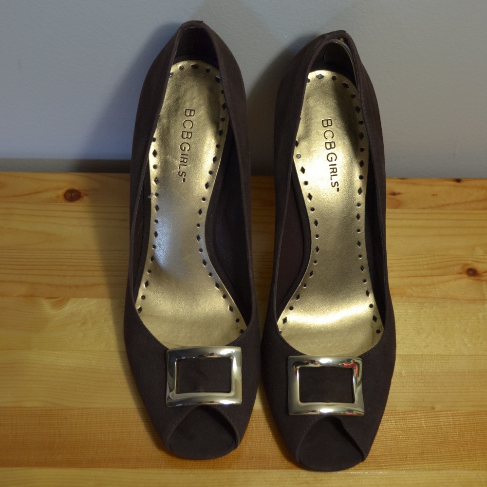 BCBGirls Brown Faux Suede Peep-Toe Pumps